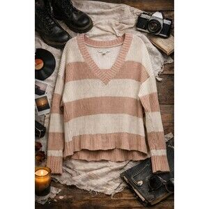 Oversized American Eagle Stripe Knit Sweater M Blush Pink White V-Neck Cozy Y2K
